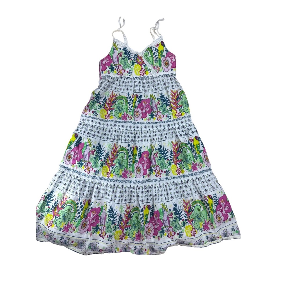 HM Girls Tropical Parrot Hibiscus Floral Tiered Cotton Maxi Dress White 7-8Y
